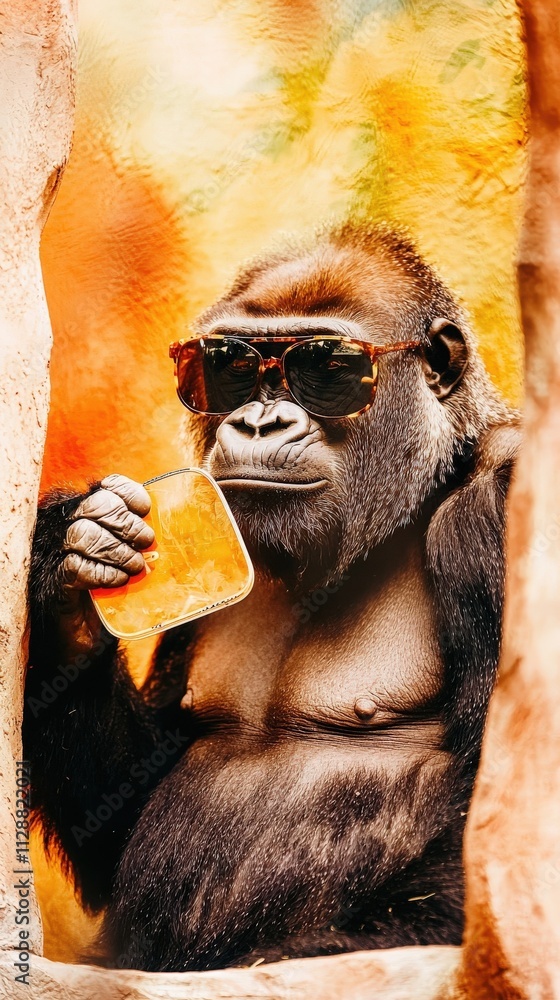 A gorilla sits contentedly, sipping from a transparent container. Dressed in fashionable sunglasses, the gorilla appears relaxed against a backdrop infused with warm hues.
