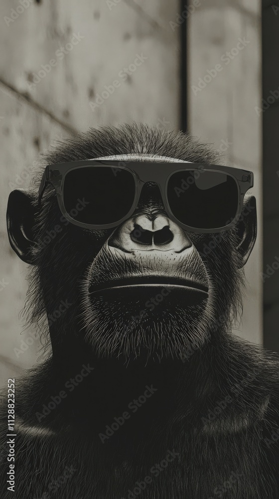 A gorilla with dark sunglasses stands confidently against a concrete backdrop, showcasing a unique blend of animal charisma and urban fashion. The scene captures an engaging expression.