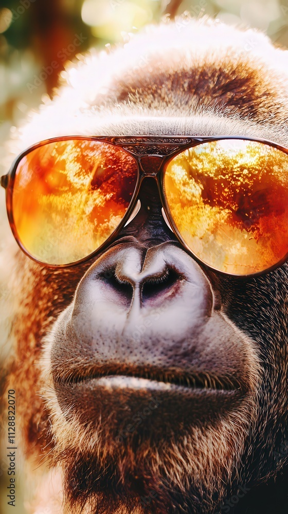 A gorilla with stylish sunglasses sits in a vibrant forest, basking in the sunlight. The rich colors of the surroundings enhance the bold expression of the calm gorilla.