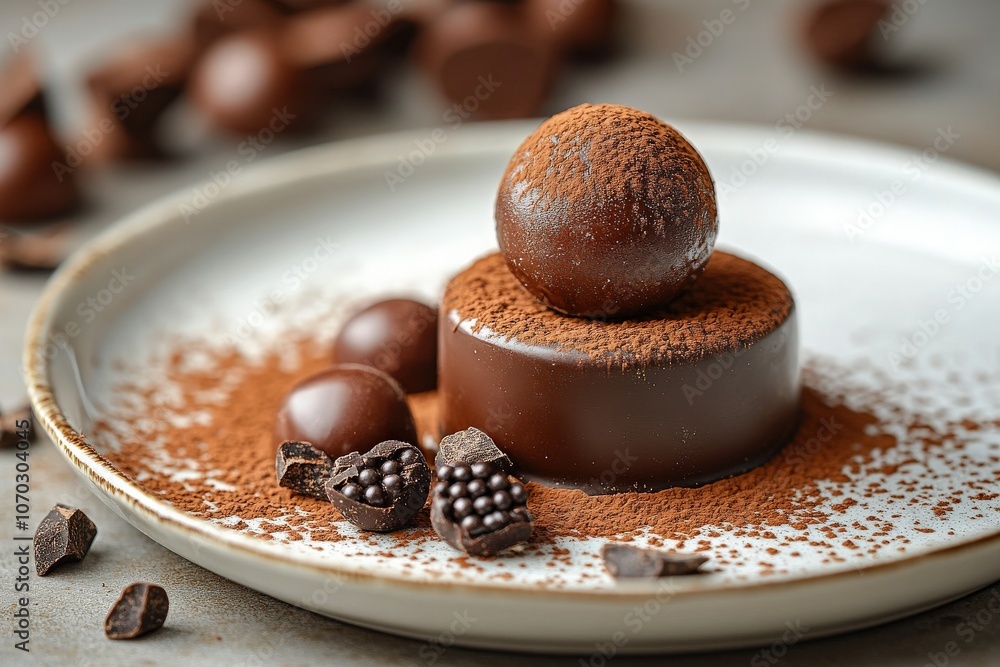 A gourmet chocolate dessert, crafted with rich dark chocolate, features a glossy dome atop a smooth base, dusted with cocoa powder, accompanied by decorative chocolate truffles.