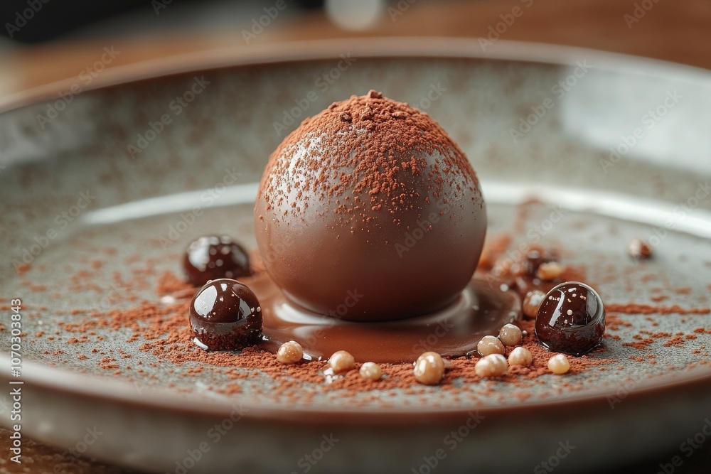 A gourmet chocolate dessert is displayed on a textured plate, surrounded by delicate chocolate spheres and a sprinkle of cocoa powder, creating an indulgent visual experience that tempts the senses.