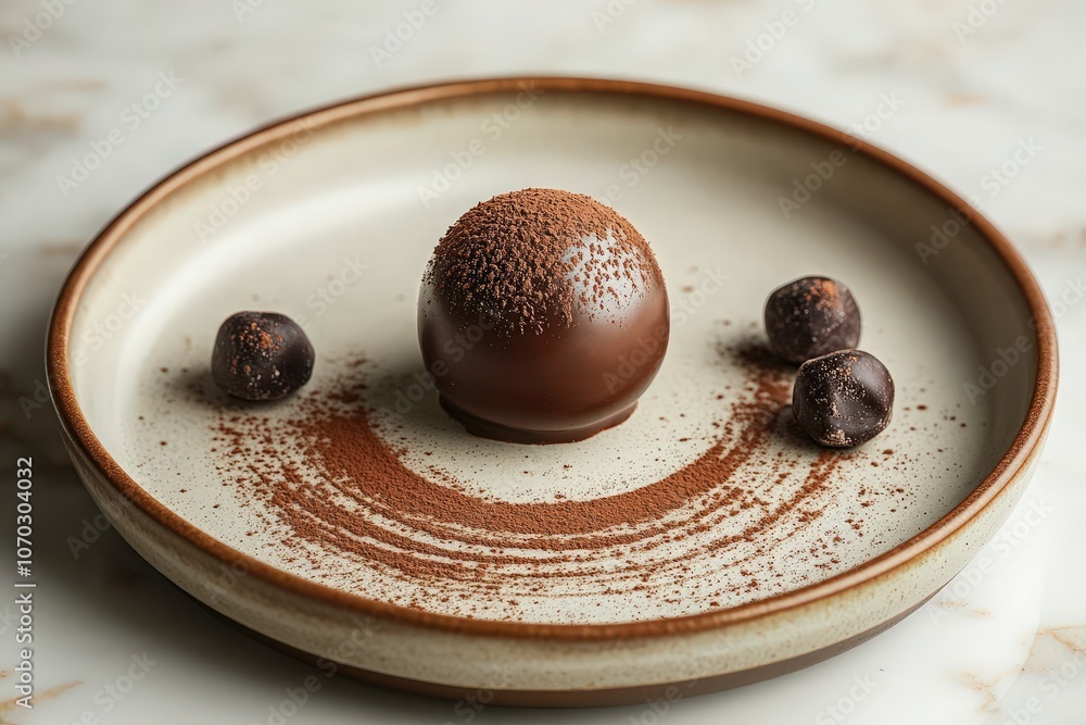 A gourmet chocolate dessert takes center stage, elegantly presented on a fine plate. The dessert features a round chocolate sphere, surrounded by cocoa powder and delicate chocolate truffles.