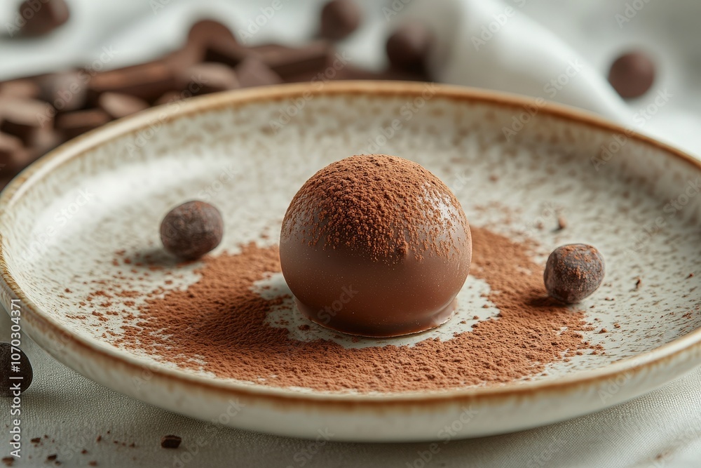A gourmet chocolate treat sits elegantly on a textured plate, surrounded by cocoa powder and small chocolate pieces, inviting indulgence with its rich, smooth appearance.