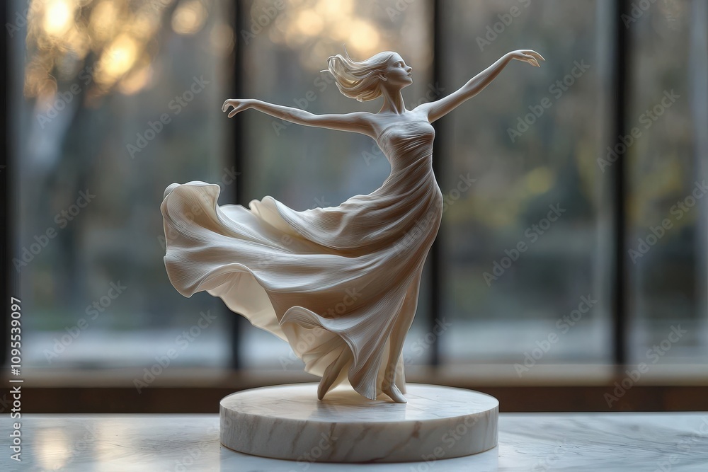 A graceful statue of a woman in flowy dress captures the essence of dance. Soft lighting from large windows highlights her movement, creating a serene atmosphere in the space.