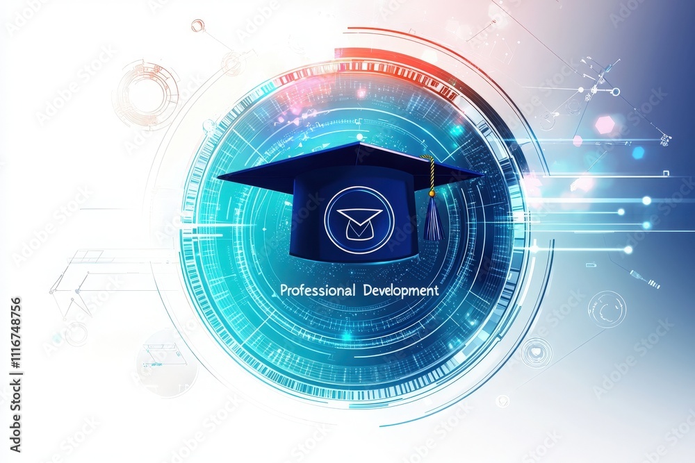 A graduation cap representing professional development is shown against a vibrant digital backdrop. This visual emphasizes the integration of education and technology in modern learning.