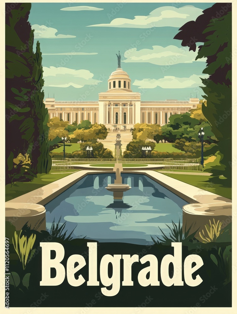 A grand building is visible in Belgrade, surrounded by well-maintained gardens and a reflecting pool. The clear blue sky complements the greenery, creating a peaceful atmosphere in the city.