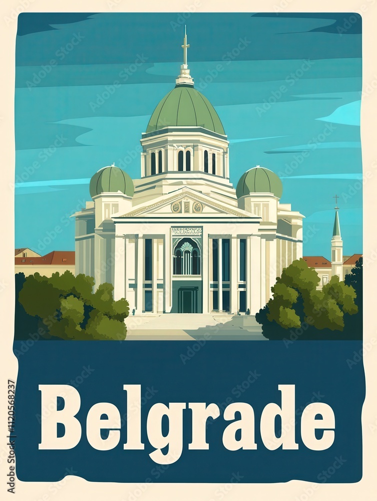 A grand cathedral in Belgrade features intricate architectural design and a striking green dome. Lush trees frame the building, highlighting its beauty against the clear blue sky.
