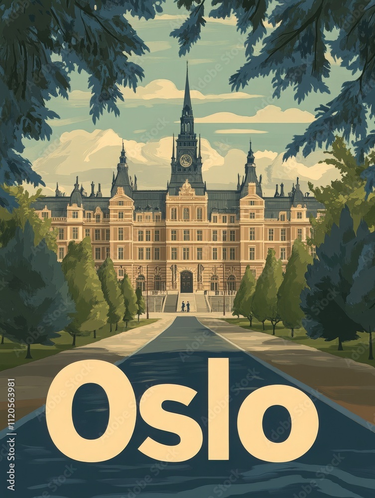A grand historic building with a clock tower stands prominently in Oslo, framed by lush trees and a well-maintained pathway. The sky is partly cloudy, enhancing the beautiful architecture.