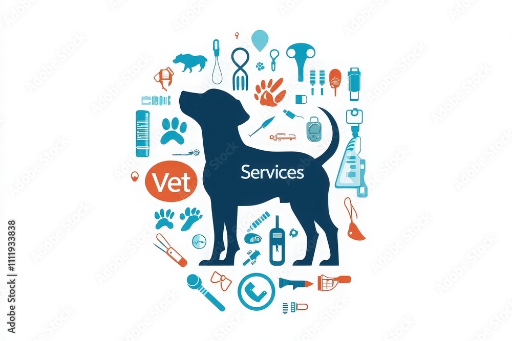 A graphic design showcasing a silhouette of a dog surrounded by various veterinary tools and pet care items. This colorful composition emphasizes the importance of veterinary services for pet health.