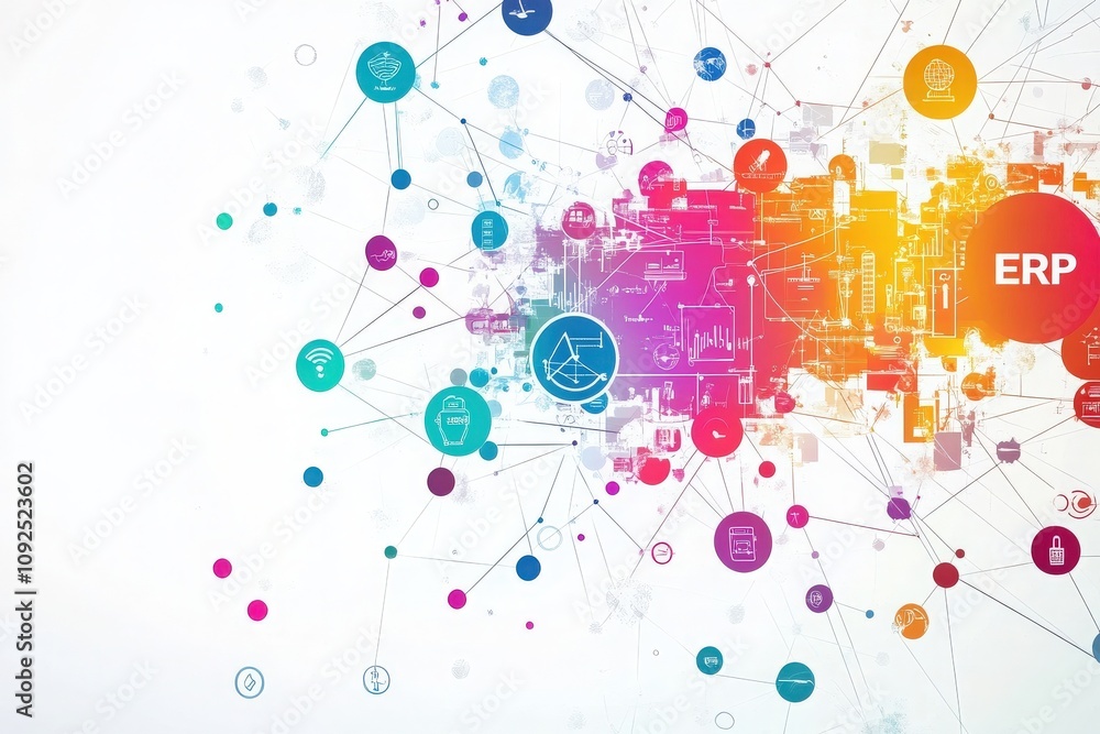 A graphic displays a complex network of interconnected nodes representing an enterprise resource planning system. Various icons illustrate different business processes and technologies.