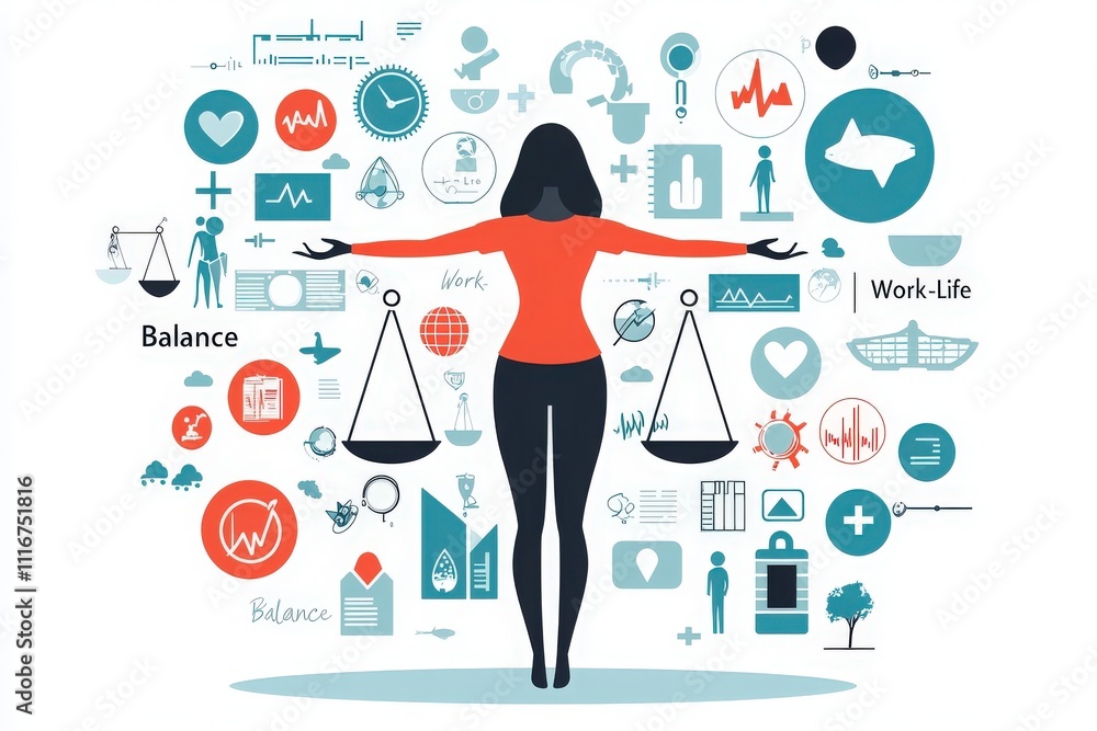 A graphic representation showcases a woman balancing scales symbolizing work and life. Surrounding her are various icons related to health, productivity, and well-being, emphasizing balance.