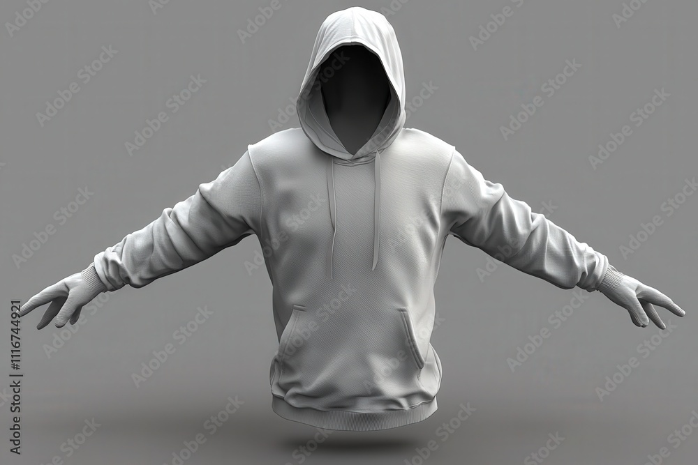 A gray hoodie is showcased with its arms extended outward, emphasizing its design and fit. The minimal background highlights the garments details, making it the focal point.