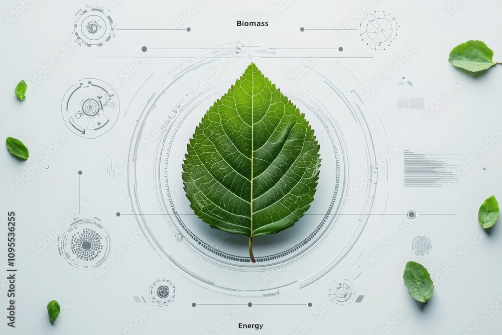 A green leaf is placed centrally on a light background featuring graphics related to renewable energy and biomass. Surrounding elements highlight technological aspects of sustainability.
