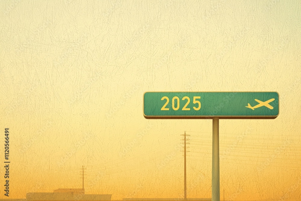 A green sign displays the year 2025 alongside an airplane symbol, set against a warm sunset background. The scene suggests anticipation for future travel plans.