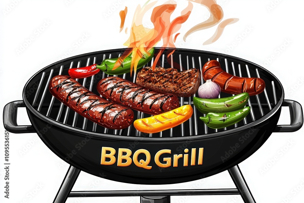 A grill showcases a variety of meats and vegetables, including sausages, steak, and peppers, as they cook over hot coals, creating a delicious summer barbecue atmosphere.
