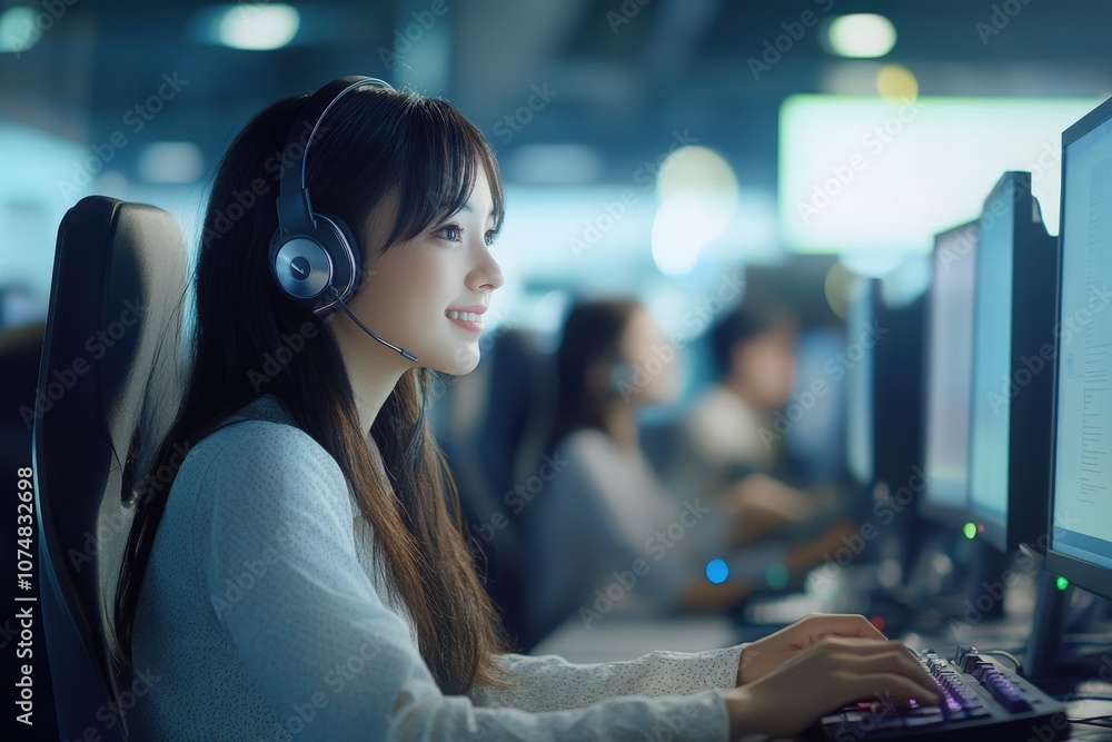 A group of Asian IT professionals provide technical support to clients from their desks in a busy office. They communicate effectively while working on computers in a modern environment.