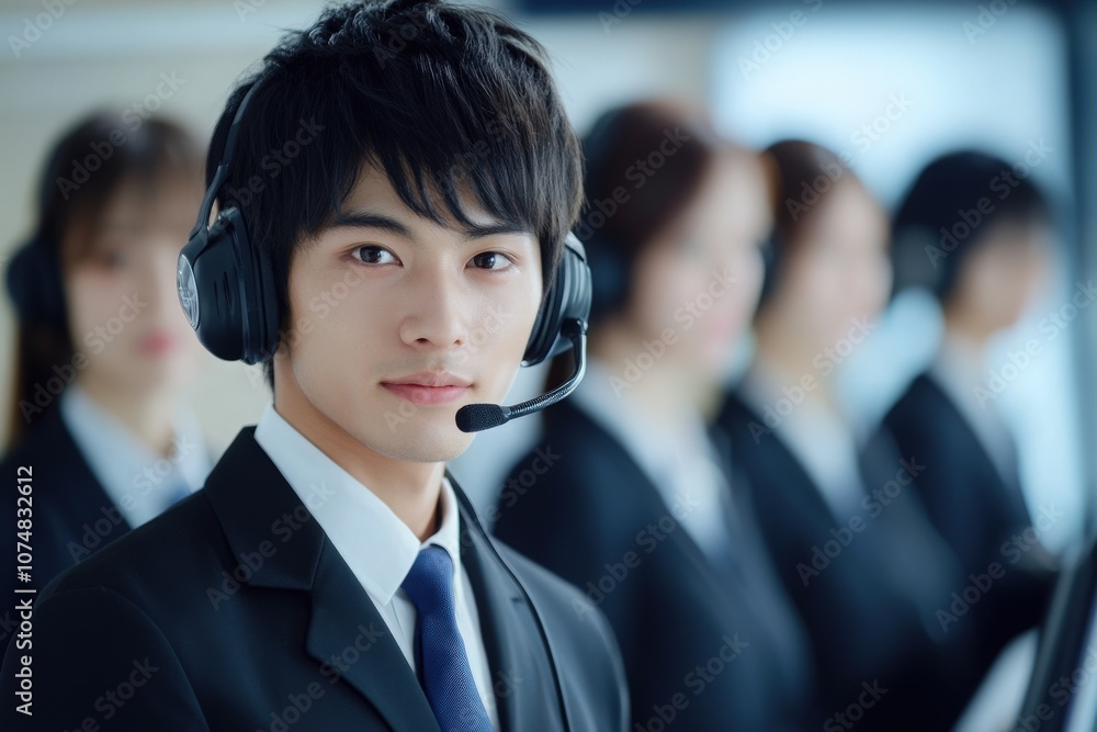 A group of Asian IT professionals provides technical assistance to clients. They wear headsets and formal attire, working diligently to solve various technical problems in a modern office.