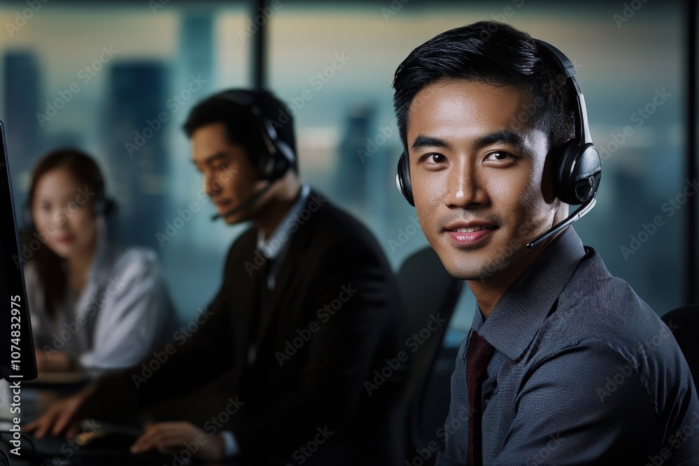 A group of Asian IT professionals provides technical assistance to clients while working at desks equipped with headsets and computers in a sleek, contemporary office environment.