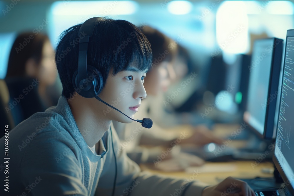 A group of Asian IT support specialists are engaged in providing assistance to clients. They are focused on their computer screens, wearing headsets in a bright tech environment.