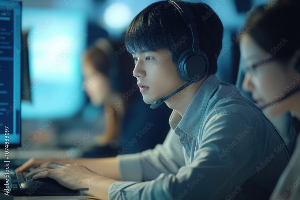 A group of Asian IT support specialists is actively helping clients at workstations in a contemporary office setting, focusing on providing technical assistance and solutions during the day.