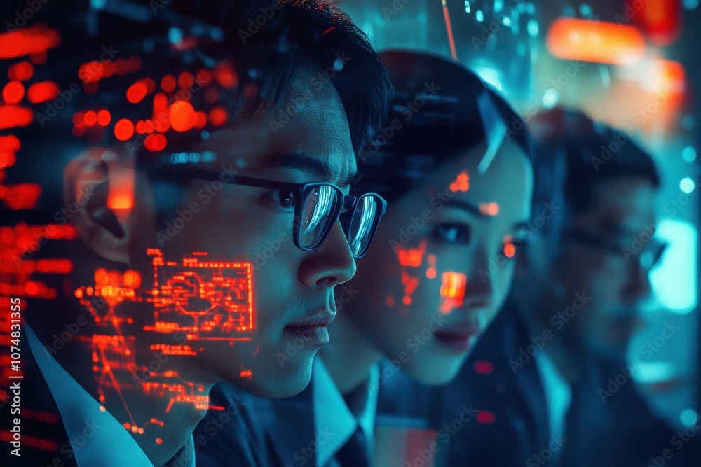 A group of Asian cybersecurity specialists work diligently in a modern control room, analyzing digital data and security threats while illuminated by glowing screens and graphics.