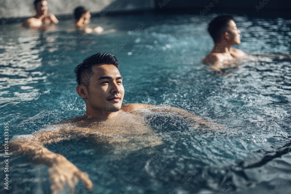 A group of Asian friends relaxes and swims in a contemporary pool, soaking up the sun and enjoying each others company. The water glistens under the daylight, creating a serene atmosphere.