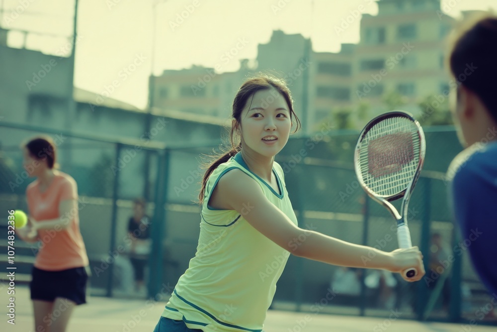 A group of Asian individuals are engaged in a spirited tennis match on a sunny day. Their focus and energy fill the vibrant outdoor court surrounded by urban scenery.