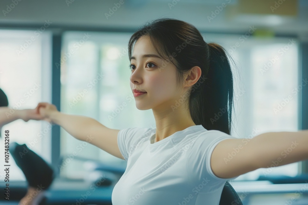 A group of Asian individuals engages in a physical therapy session within a well-lit clinic.