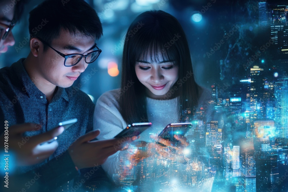 A group of Asian individuals focus intently on their smartphones, brainstorming and developing innovative mobile applications in a modern office environment, illuminated by urban city lights.