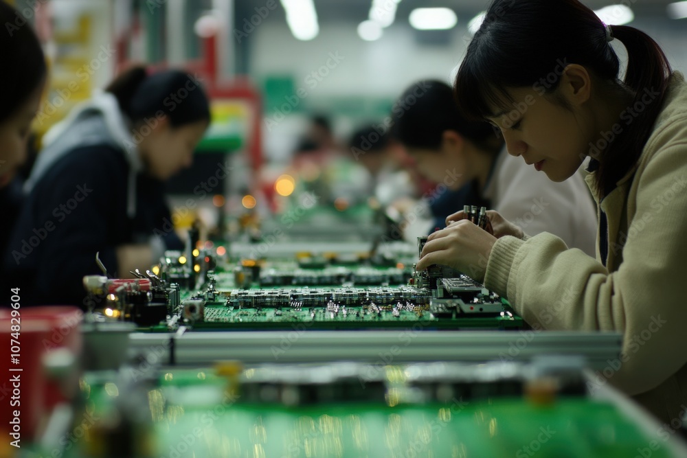 A group of Asian individuals is focused on assembling electronic components in a manufacturing facility during the day. They demonstrate precision and skill while working on circuit boards.