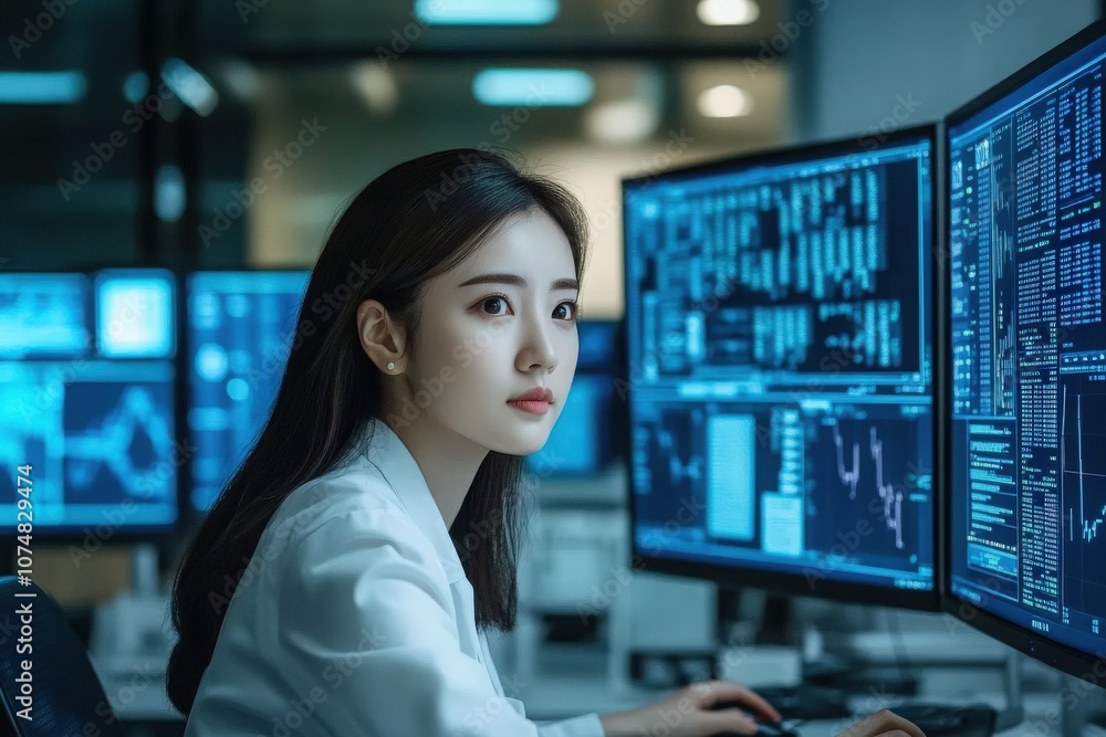 A group of Asian individuals is intensely focused on analyzing complex data displayed on several computer screens in a contemporary office. They collaborate to derive insights.