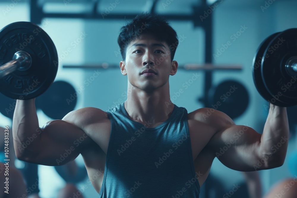 A group of Asian individuals lifts weights in a bustling gym, showcasing strength and determination. The environment is filled with equipment, highlighting a vibrant fitness atmosphere.