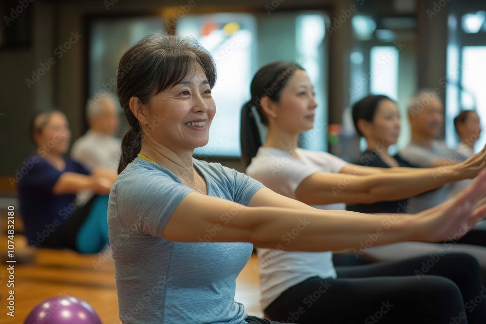 A group of Asian individuals participates in physical therapy, focusing on body movement and wellness in a calming studio environment. They practice together, enhancing their strength and flexibility.