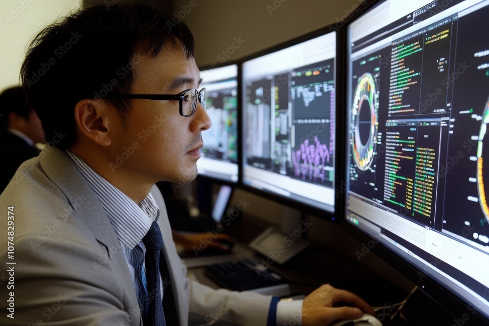 A group of Asian professionals collaborates by analyzing intricate data displayed on several computer monitors in a contemporary office environment, focusing intently on their tasks.