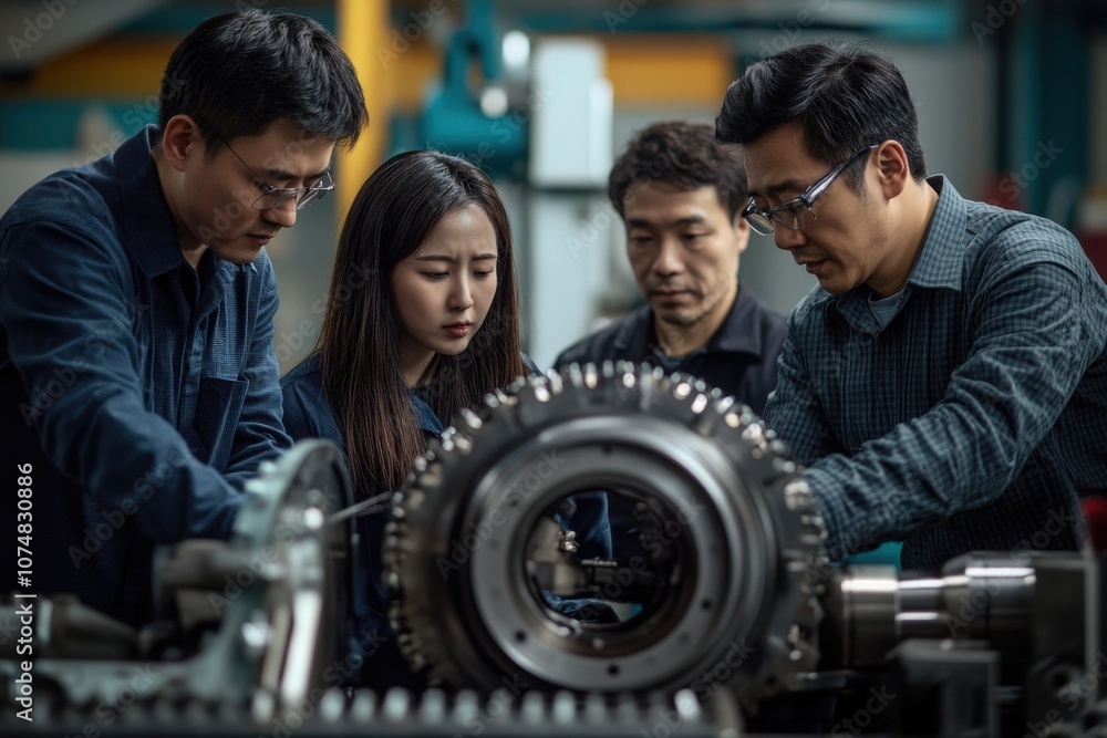 A group of Asian professionals engages in meticulous inspection of machinery components, ensuring they meet strict quality standards in a workshop environment.