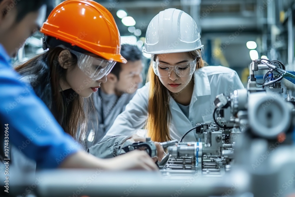 A group of Asian professionals evaluates machinery components, ensuring quality standards in an industrial setting.