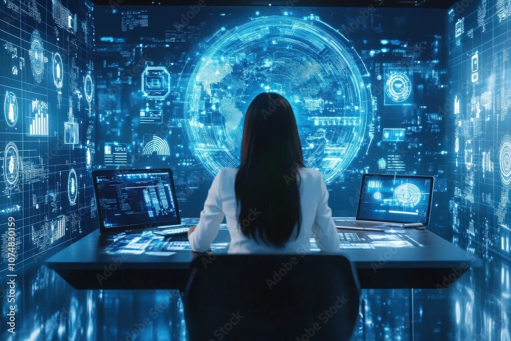 A group of Asian professionals is engaged in a virtual meeting, utilizing high-tech screens and data visualizations to facilitate discussion and collaboration during a strategic session.