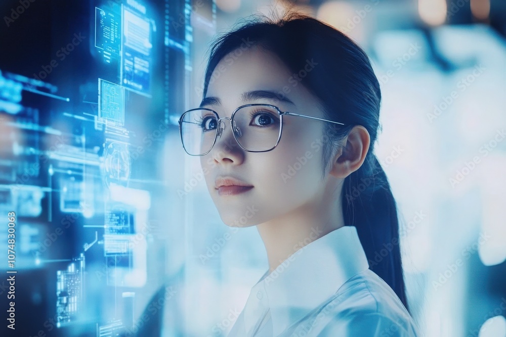 A group of Asian professionals participates in a virtual meeting, collaborating on project updates in a sleek, tech-driven office environment.