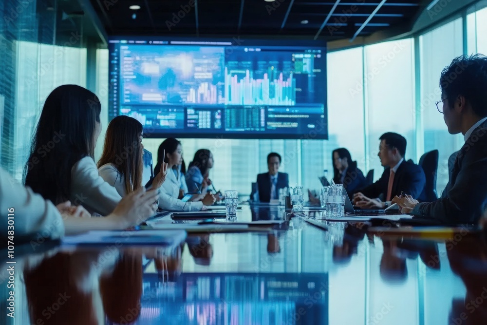 A group of Asian professionals participates in a virtual meeting within a sleek conference room, discussing charts and graphs displayed on a large screen.