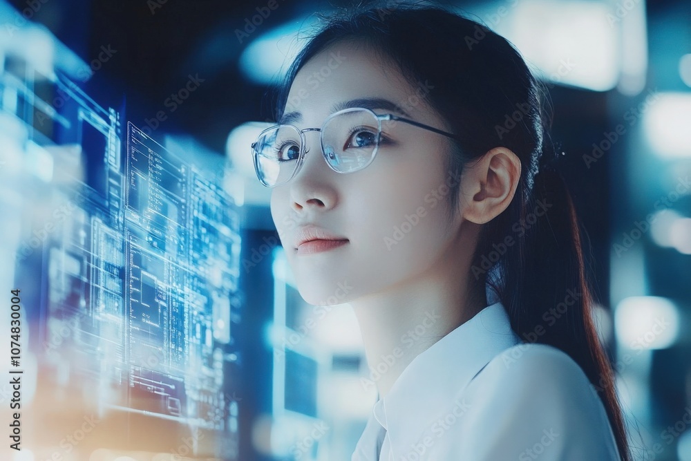 A group of Asian professionals participates in an interactive virtual meeting, analyzing data displayed on multiple screens.