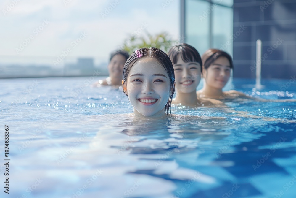 A group of Asian swimmers smiles cheerfully while enjoying a refreshing swim in a stylish rooftop pool. Bright sunlight enhances the vibrant atmosphere, making it an inviting setting for relaxation.