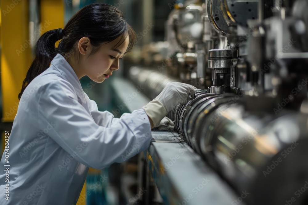 A group of Asian technicians conducts a thorough inspection of machinery, ensuring quality control in a busy manufacturing facility. They focus intently on the machinery parts.