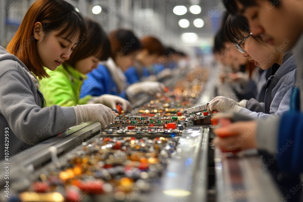 A group of Asian workers is focused on assembling electronic components on a production line, showcasing teamwork and precision in a bright factory environment.