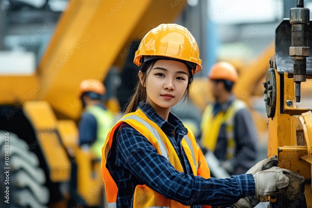 A group of Asian workers, wearing safety gear, is actively engaged in maintaining heavy equipment at a construction site. The environment is bright and busy, highlighting their teamwork.