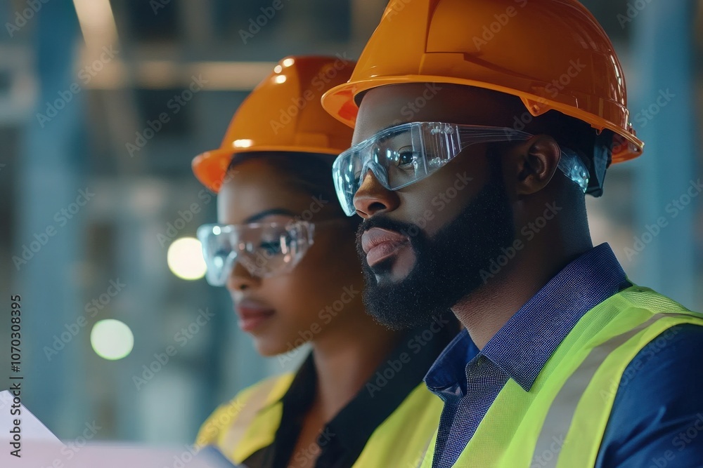A group of Black individuals in safety gear is actively discussing and reviewing safety protocols on a construction site. They are focused and engaged in their task.