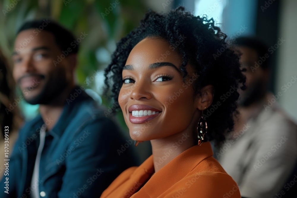 A group of Black individuals shares smiles and positive energy during an engaging presentation. The warm atmosphere reflects camaraderie and enthusiasm for the topic discussed.