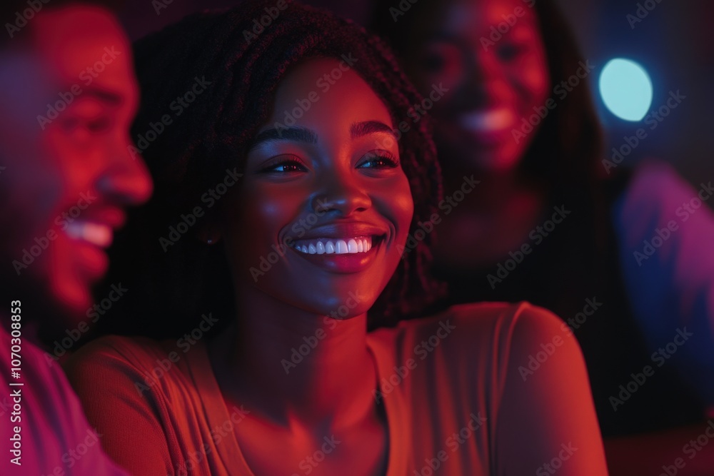 A group of Black individuals smiles warmly while enjoying a presentation at a community event. The atmosphere is vibrant, and laughter fills the space, fostering connection and engagement.