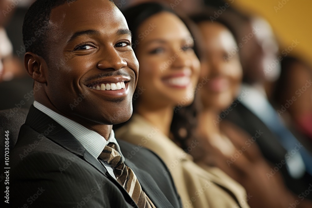A group of Black professionals are smiling and enjoying a presentation in a corporate environment, showcasing positive engagement and camaraderie during the event.