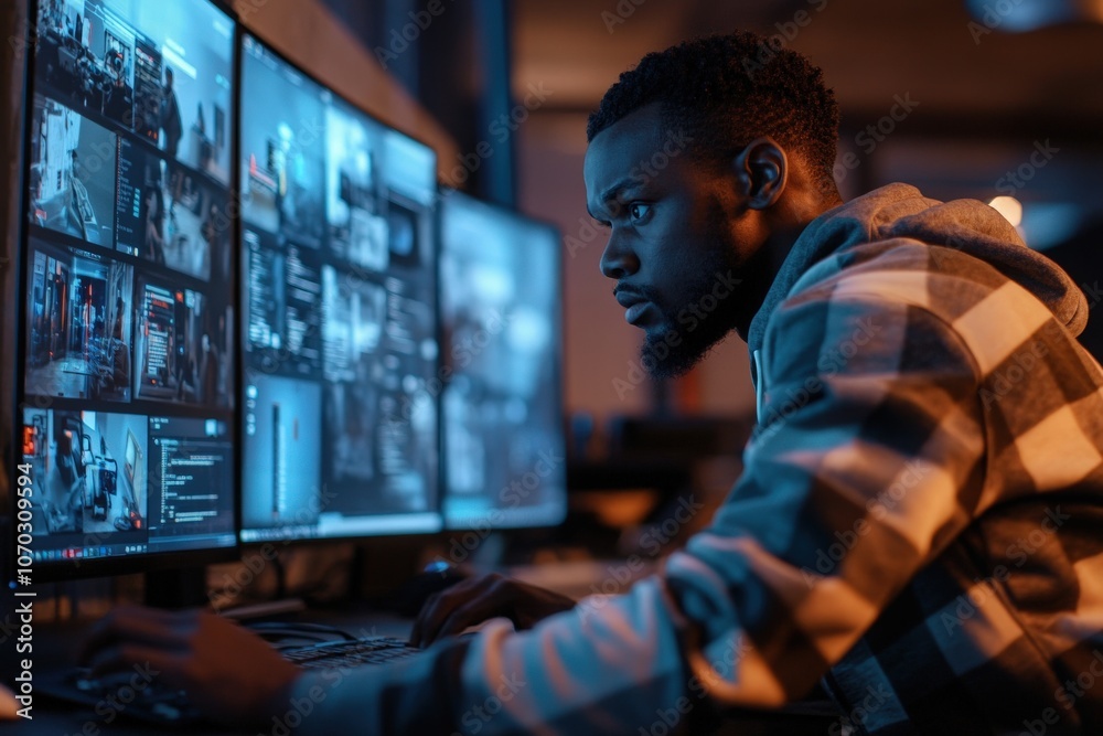 A group of Black professionals is focused on resolving technical issues at a contemporary workspace featuring multiple monitors. They are collaborating on various projects and exchanging ideas.