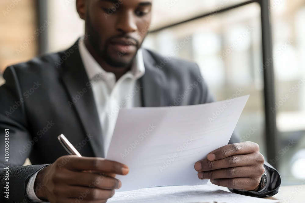 A group of Black professionals is intently reviewing important documents at a desk in a bright office. Their concentration highlights the significance of their task amidst a collaborative atmosphere.